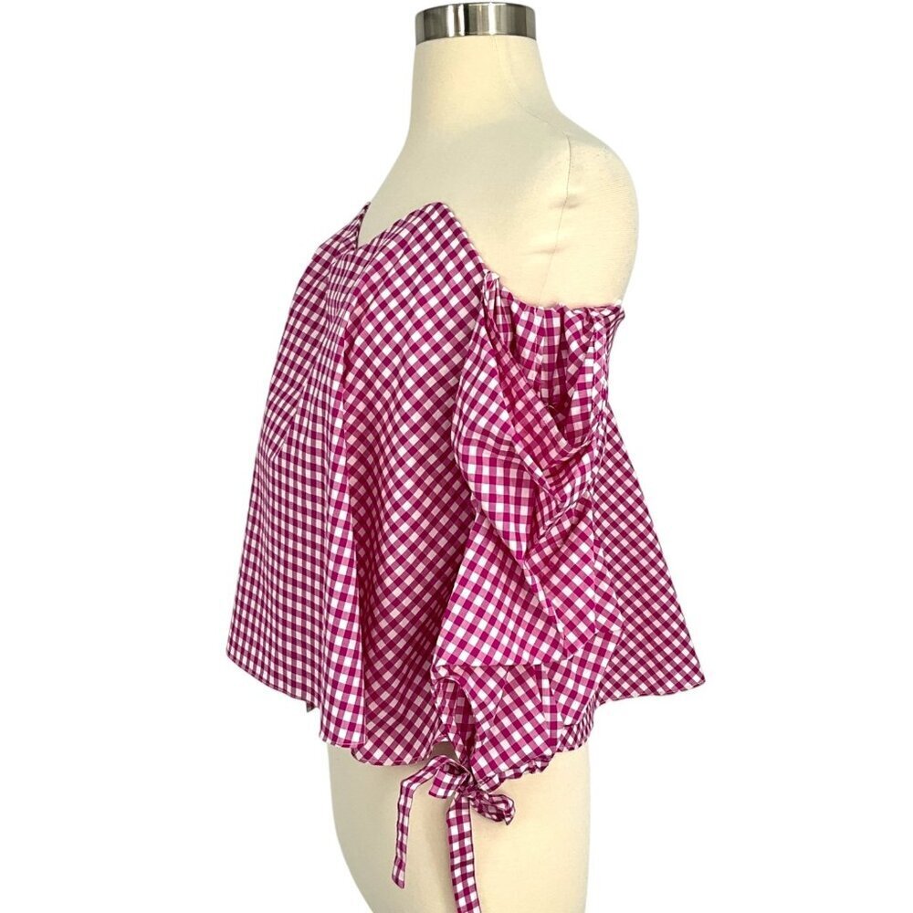 Caroline Constas Pink Gingham Plaid Gabriella Blouse Size XS Off Shoulders - Picture 3 of 11
